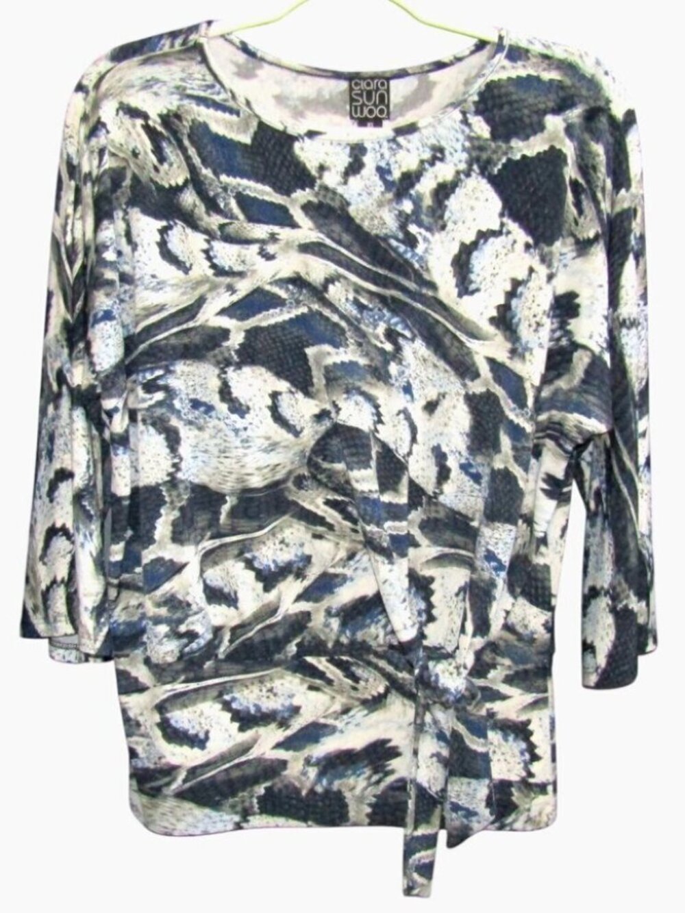 Clara Sun Woo White Gray Blue Snakeskin Print Tie Front Top Womens Size XS